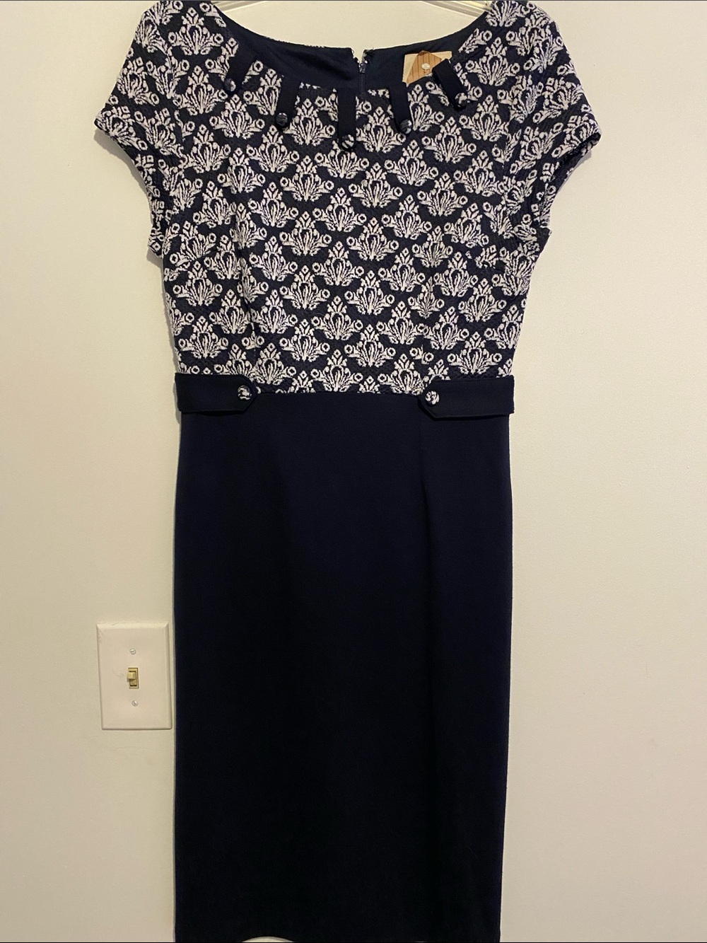 Modcloth Navy and White Patterned Cap Sleeve Midi Dress